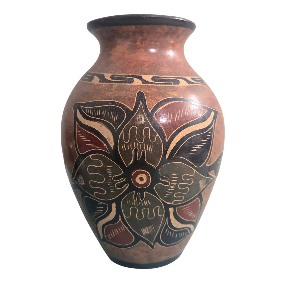 Handmade Sgraffito Terracotta Floral Hand Painted Etched Vase Folk Art Pottery